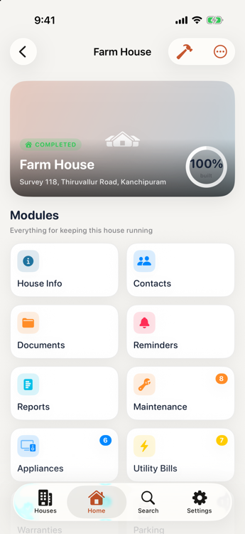 A completed house page showing only the modules for running it — House Info, Contacts, Documents, Reminders, Reports, Maintenance, Appliances and Utility Bills — with a hammer button in the navigation bar.
