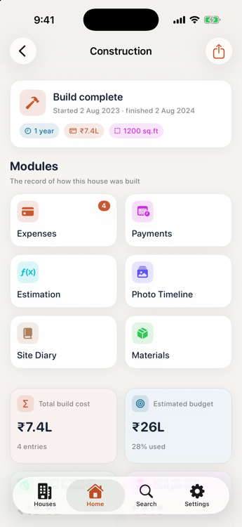 The Construction page for a finished house: build complete in 1 year at ₹7.4L over 1200 sq.ft, with the archive modules Expenses, Payments, Estimation, Photo Timeline, Site Diary and Materials.