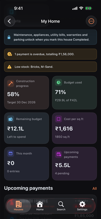 The app in dark mode, showing a house dashboard with alert banners for an overdue payment and low stock, above metric tiles for construction progress, budget used, remaining budget and cost per square foot.