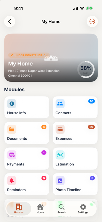 A house dashboard led by a grid of modules: House Info, Contacts, Documents, Expenses, Payments, Estimation, Reminders and Photo Timeline, each with a count badge.
