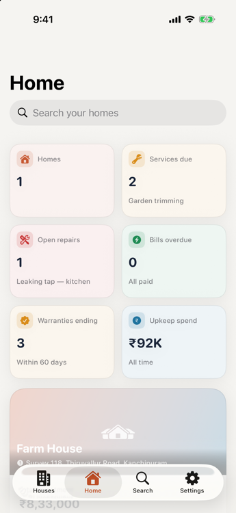 The Home tab listing only completed houses, above tiles for services due, open repairs, bills overdue, warranties ending and total upkeep spend.